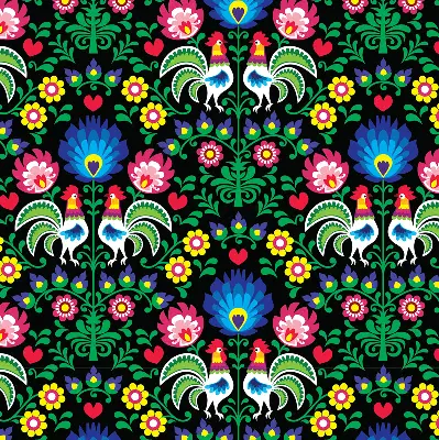 Fabric roller blind for window colorful roosters pattern