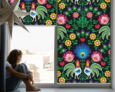 Fabric roller blind for window colorful roosters pattern