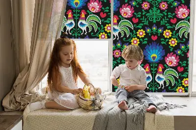 Fabric roller blind for window colorful roosters pattern