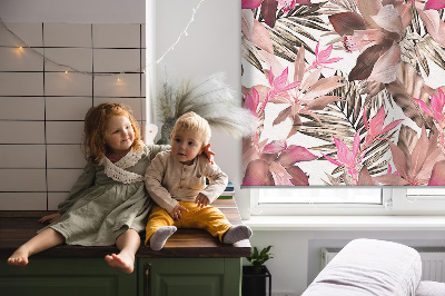 Blackout roller blind for window with a pink flower pattern