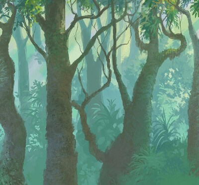 Fabric roller blind for window with trees pattern