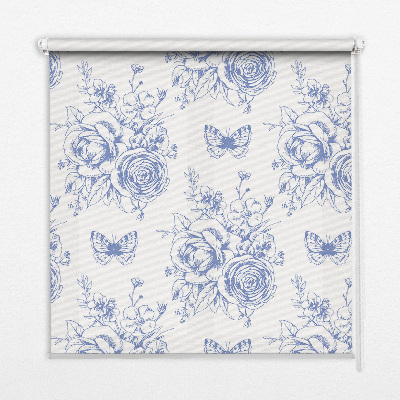 Blackout roller blind Blue flowers and butterflies
