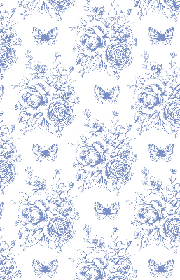 Blackout roller blind with blue flowers and butterflies design