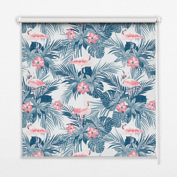 Fabric roller blind for window Tropical plants and flamingos