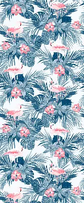 Fabric roller blind for window with tropical plants and flamingos print