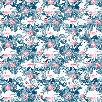 Fabric roller blind for window with tropical plants and flamingos print