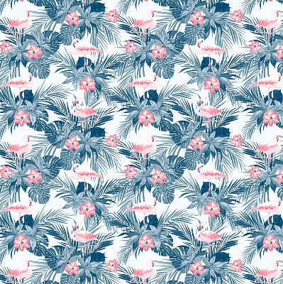 Fabric roller blind for window with tropical plants and flamingos print