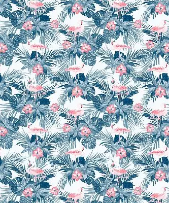 Fabric roller blind for window with tropical plants and flamingos print