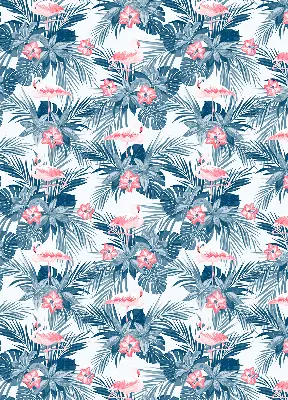 Fabric roller blind for window with tropical plants and flamingos print