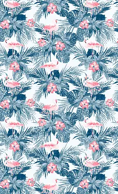Fabric roller blind for window with tropical plants and flamingos print