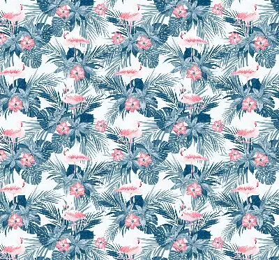 Fabric roller blind for window with tropical plants and flamingos print