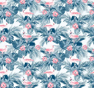 Fabric roller blind for window with tropical plants and flamingos print