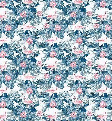 Fabric roller blind for window with tropical plants and flamingos print