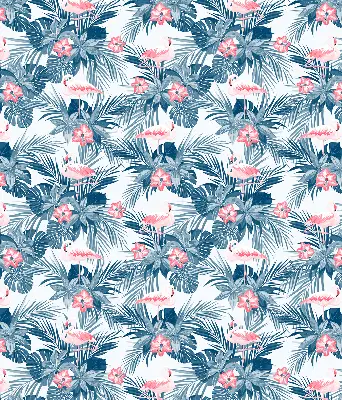 Fabric roller blind for window with tropical plants and flamingos print