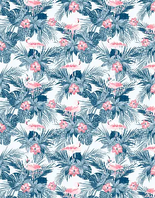 Fabric roller blind for window with tropical plants and flamingos print