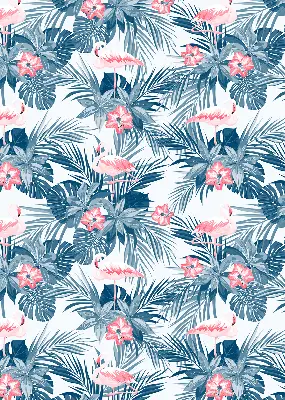 Fabric roller blind for window with tropical plants and flamingos print