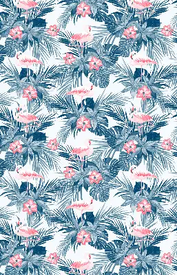 Fabric roller blind for window with tropical plants and flamingos print