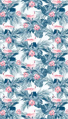Fabric roller blind for window with tropical plants and flamingos print