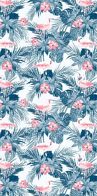 Fabric roller blind for window with tropical plants and flamingos print