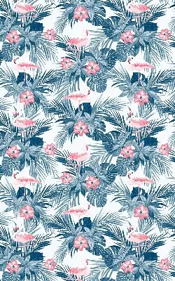 Fabric roller blind for window with tropical plants and flamingos print
