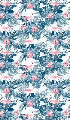 Fabric roller blind for window with tropical plants and flamingos print