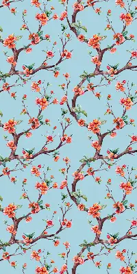 Fabric roller blind for window with a pattern of tree flower buds