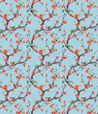 Fabric roller blind for window with a pattern of tree flower buds