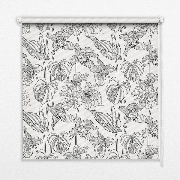 Blackout roller blind with sketched flowers pattern