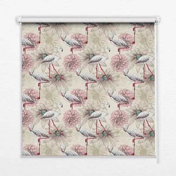 Blackout roller blind with white flamingos pattern
