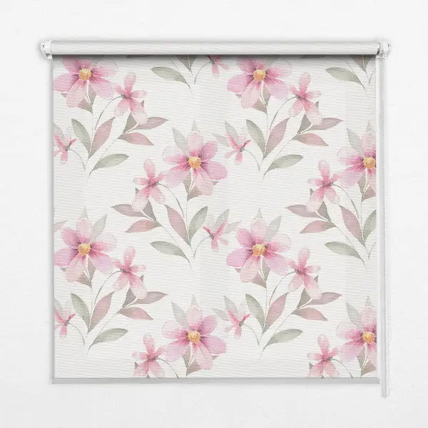 Blackout roller blind with a pink flowers pattern