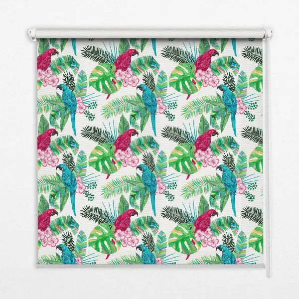 Fabric roller blind for window with parrot pattern