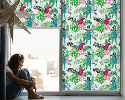 Fabric roller blind for window with parrot pattern