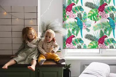 Fabric roller blind for window with parrot pattern
