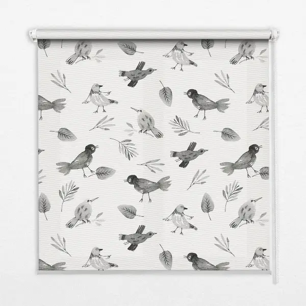 Blackout roller blind for window with a drawn birds and leaves pattern