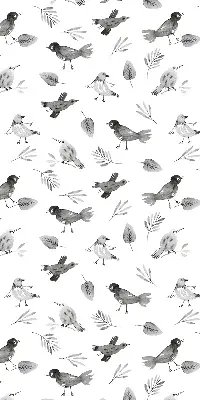 Blackout roller blind for window with a drawn birds and leaves pattern