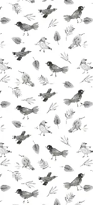 Blackout roller blind for window with a drawn birds and leaves pattern