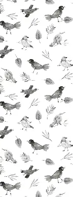 Blackout roller blind for window with a drawn birds and leaves pattern