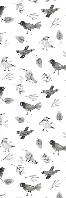 Blackout roller blind for window with a drawn birds and leaves pattern