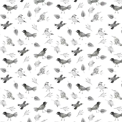 Blackout roller blind for window with a drawn birds and leaves pattern