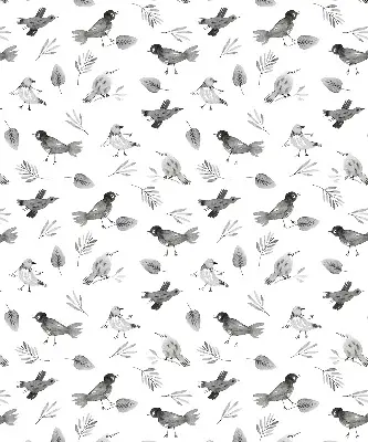 Blackout roller blind for window with a drawn birds and leaves pattern