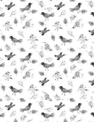 Blackout roller blind for window with a drawn birds and leaves pattern