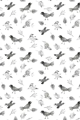 Blackout roller blind for window with a drawn birds and leaves pattern