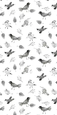 Blackout roller blind for window with a drawn birds and leaves pattern