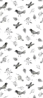 Blackout roller blind for window with a drawn birds and leaves pattern