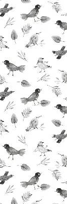 Blackout roller blind for window with a drawn birds and leaves pattern