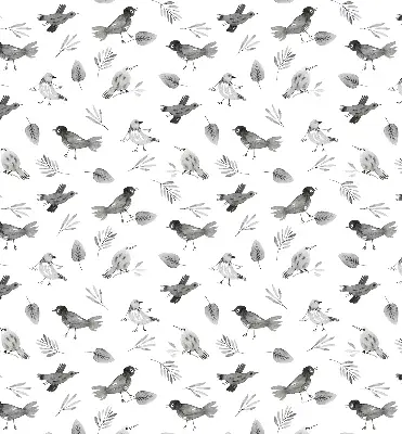 Blackout roller blind for window with a drawn birds and leaves pattern