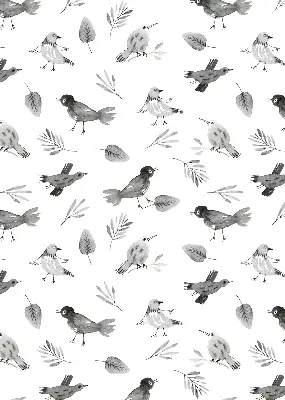 Blackout roller blind for window with a drawn birds and leaves pattern