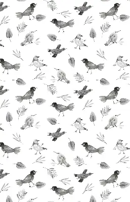 Blackout roller blind for window with a drawn birds and leaves pattern