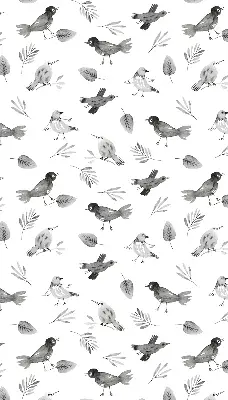 Blackout roller blind for window with a drawn birds and leaves pattern