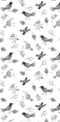 Blackout roller blind for window with a drawn birds and leaves pattern